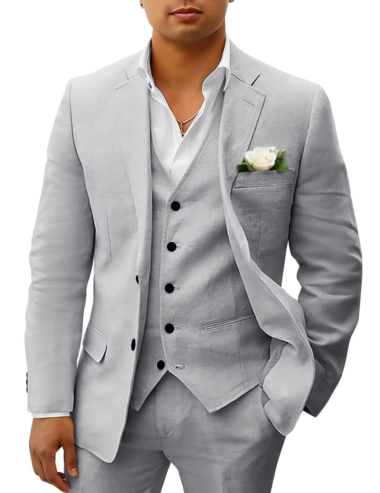 HUUTOE Mens Linen Suits 3 Piece Beach Wedding Groomsmen Suits Casual Summer Linen Blazer Vest and Pants Tuxedo Set