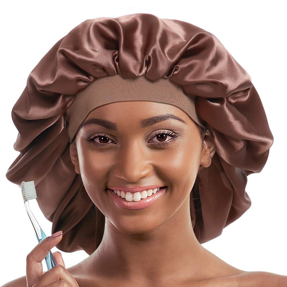 Alnorm Satin Sleep Caps for Women Curly Hair Night Hat Coffee - Image 2