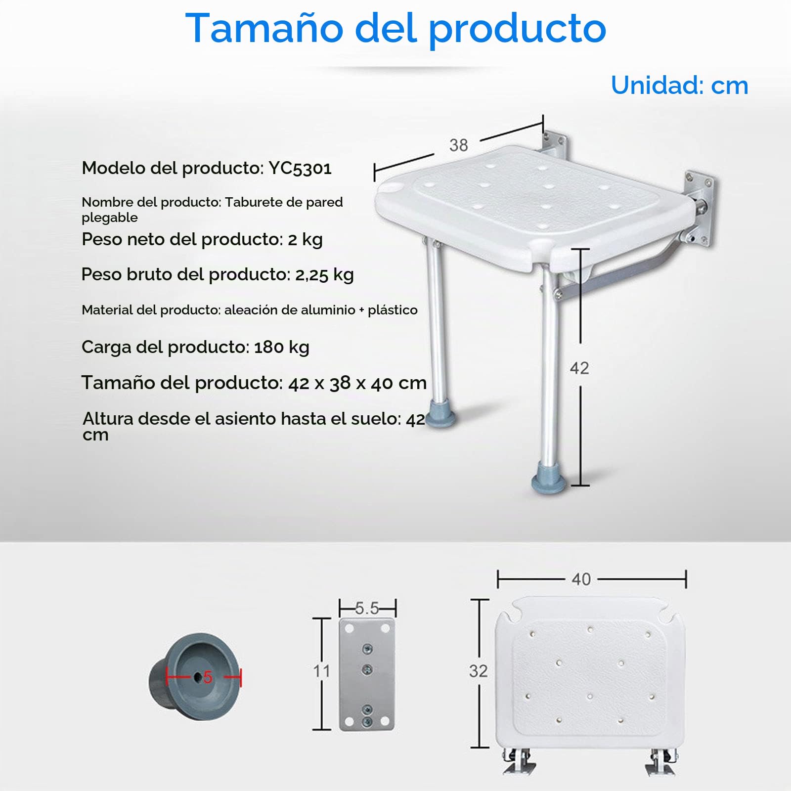 Silla Ducha Plegable,Asiento Ducha Montado Pared Taburete Baño,Silla Antideslizante Plegable Cuarto Baño Taburete Ducha Hogar,Mayor/Embarazado/Discapacitado,carga Máxima De 200Kg,silla de ducha