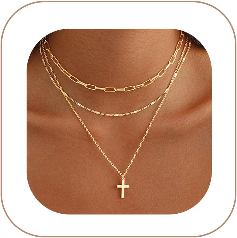Gold Necklace for Women 14K Gold Plated Layered Cross Bar Necklace Herringbone Figaro Paperclip Flat Chain Cute Charm Accessories Non Tarnish Jewelry Set Gifts for Women