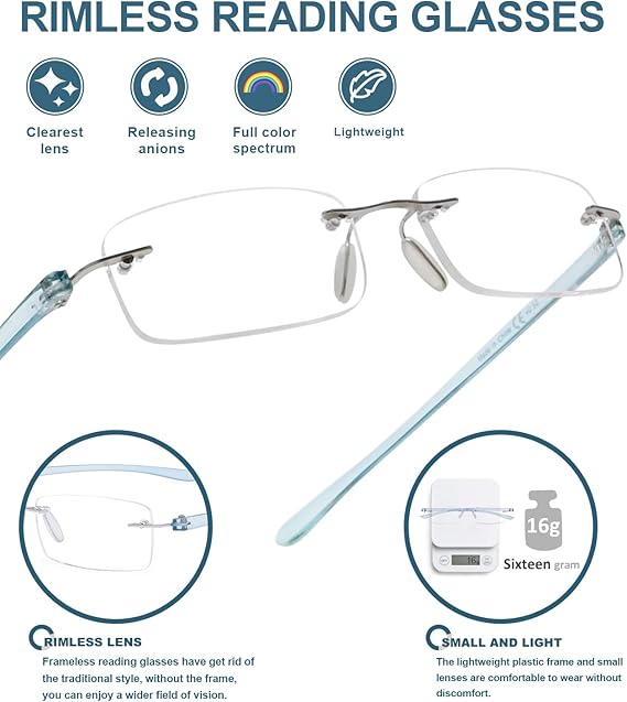 نظارات قراءة بدون إطار Blueless للقراء الصغار للرجال والنساء (أزرق)