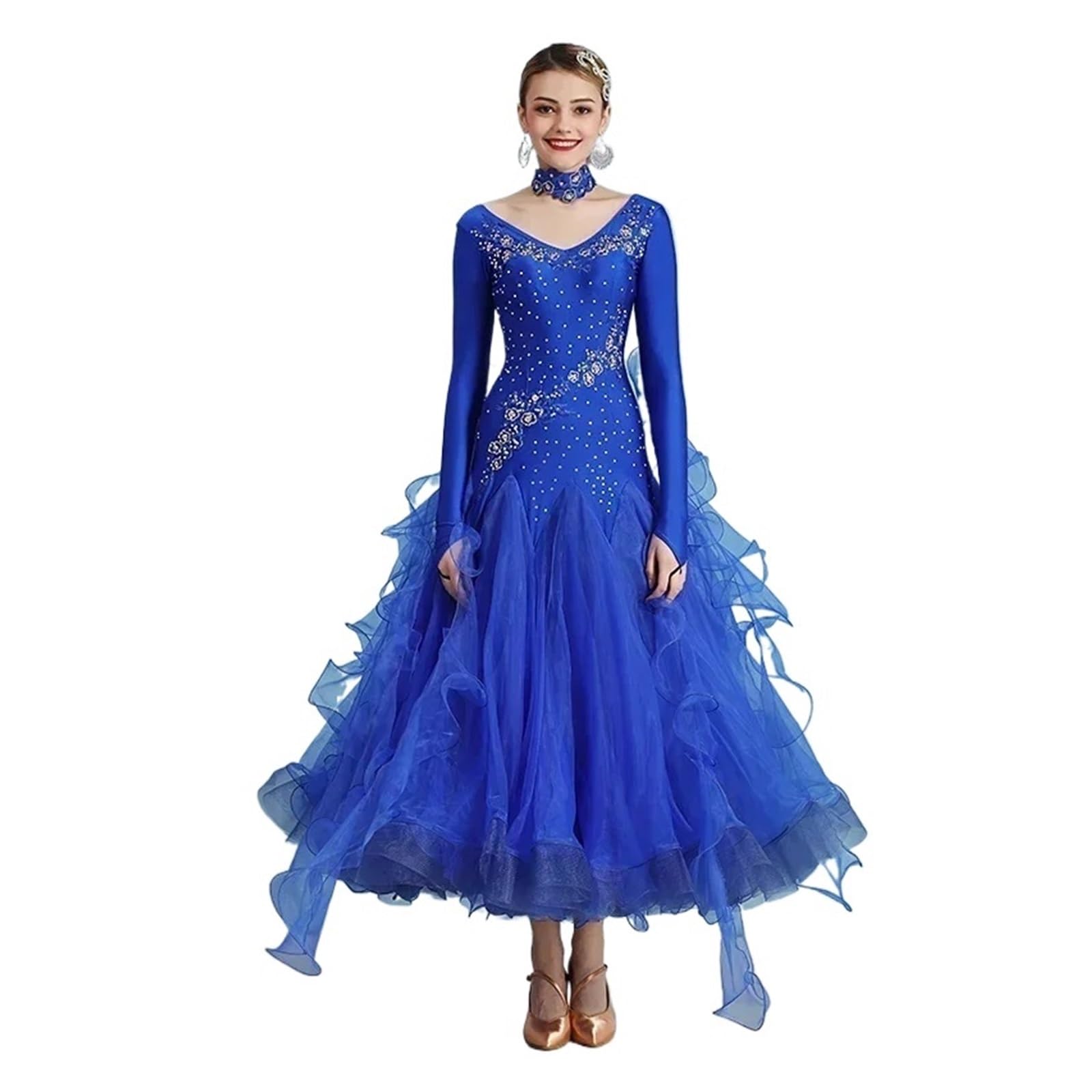 Women Competition Modern Dancing Clothes Long Sleeve Waltz Stage Costumes Ballroom Dance Dress, Blue, XXL