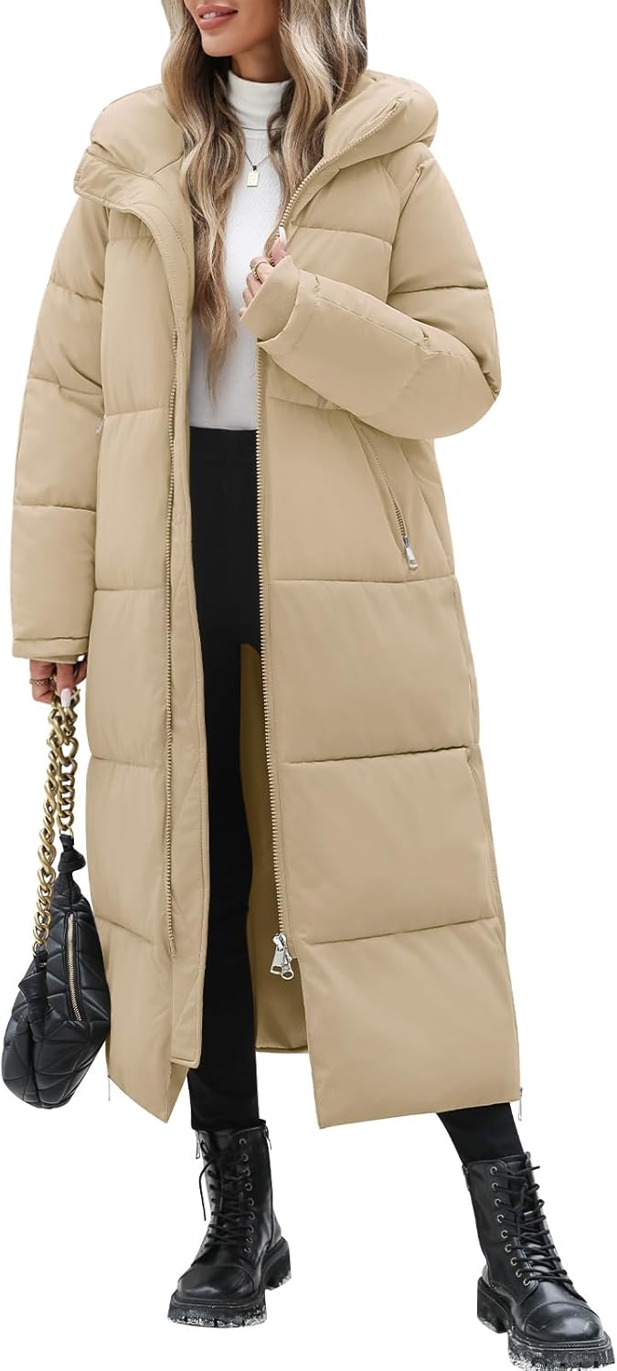 Womens Long Winter Puffer Coat Quilted Jackets Warm Hooded Coat Maxi Length Parka Down Thick Outerwear Side Zip Slit