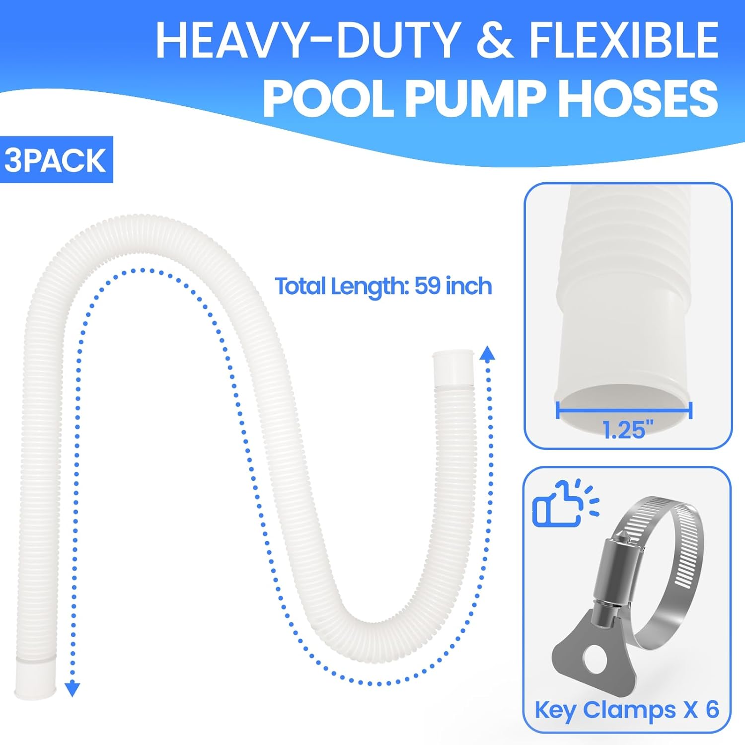 Poolvio Pool Hoses for Above Ground Pools 1.25" Diameter x 59" Long, 3-Pack, Heavy Duty UV Resistant & Leak-Proof Pool Pump Hoses with 6 Metal Thumb Clamps, Fits Intex Filter Pump 607/637