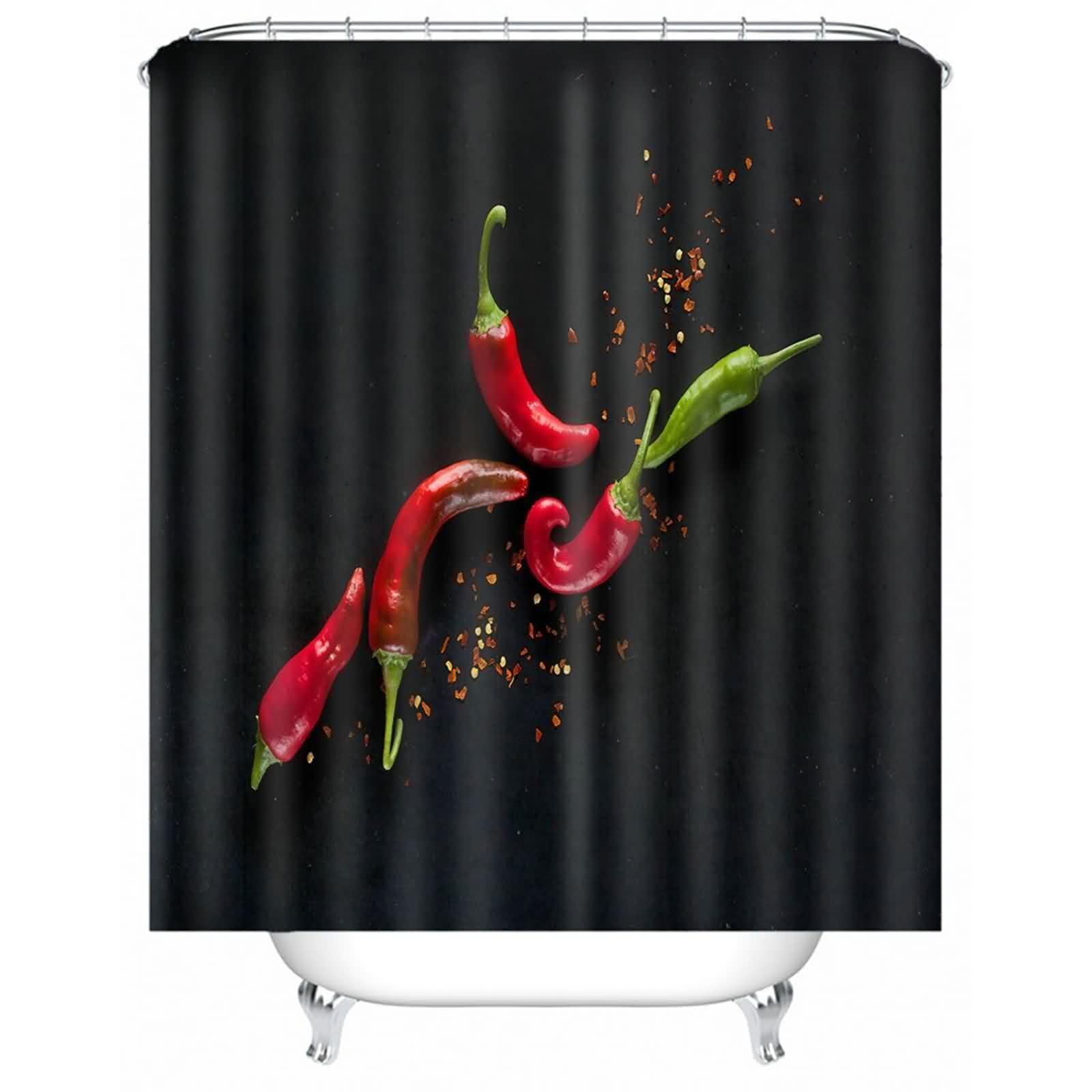 Rideau de douche polyester noir rouge vert a motif poivre lavable avec oeillets et anneaux