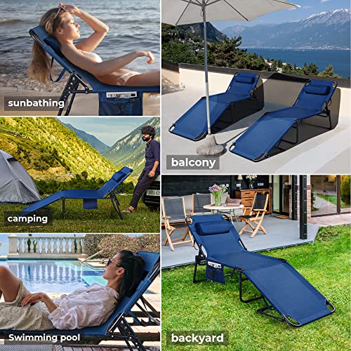 Praisun Folding Lounge Chair For Outside, Chaise Lounge For Outdoor, Tanning Chair With 5-Position Backrest, Sun Lounger Chair With Detachable Pillow, Fabric Bag, For Pool, Garden - Navy Blue #TOP6