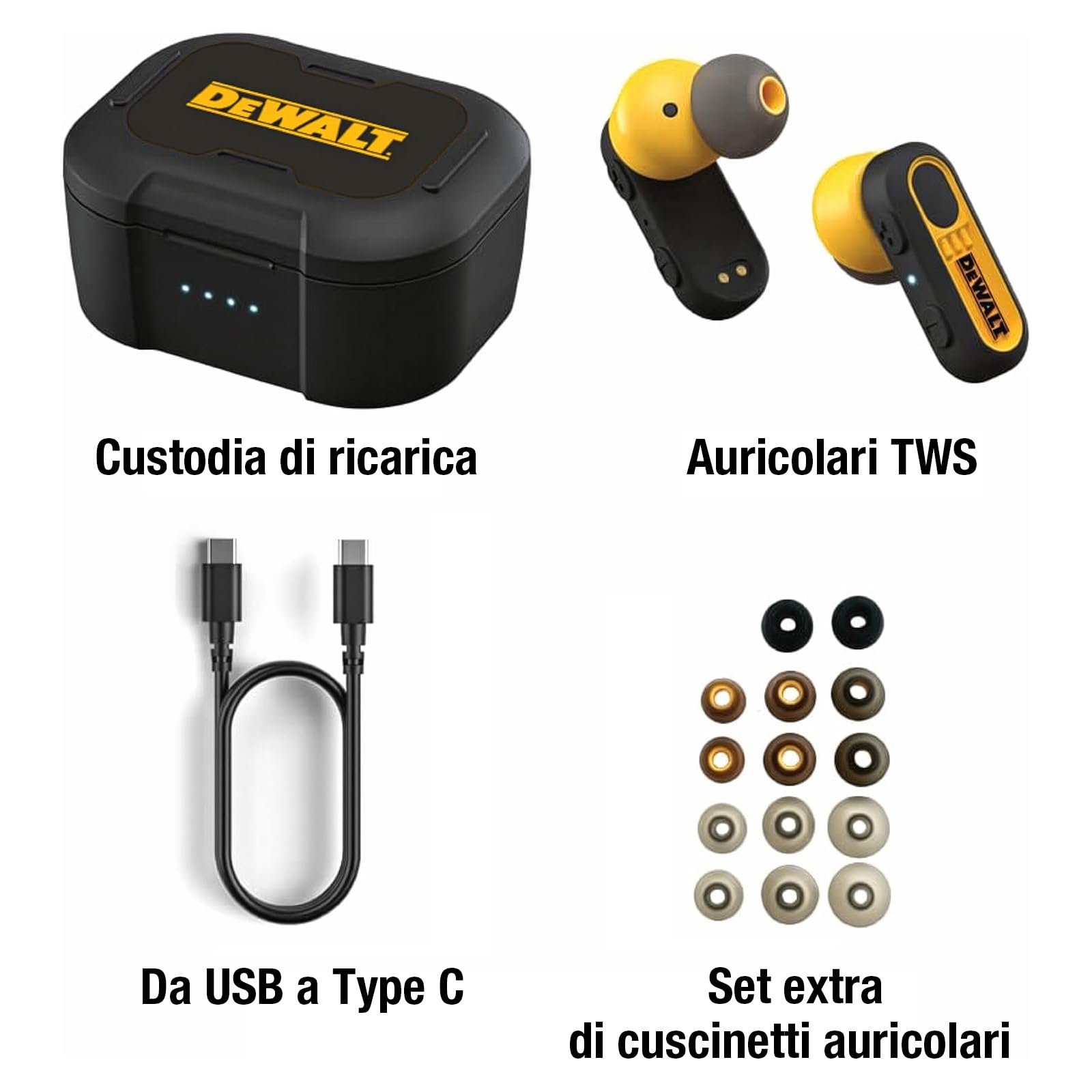 DEWALT Auricolari Bluetooth True Wireless Cuffie In-Ear con Custodia di Ricarica USB-C, Autonomia fino a 37 Ore, Resistenti a Polvere e Acqua IP56 Ideali per Lavori, Cantiere e Uso Outdoor Nero