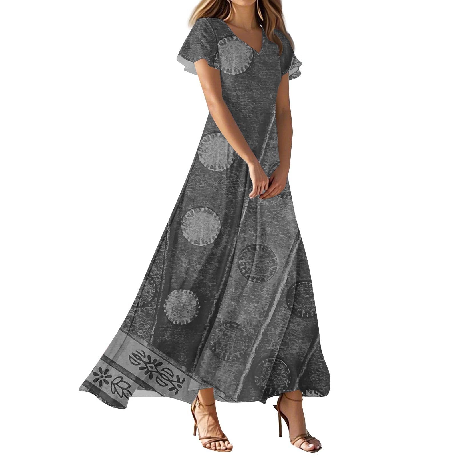 Robe Grande Taille Femme Manche Courte Imprimé Comfy Col V Robe Scolaire Été A-Line Dress Randonnée Confortable Vêtement de Rue