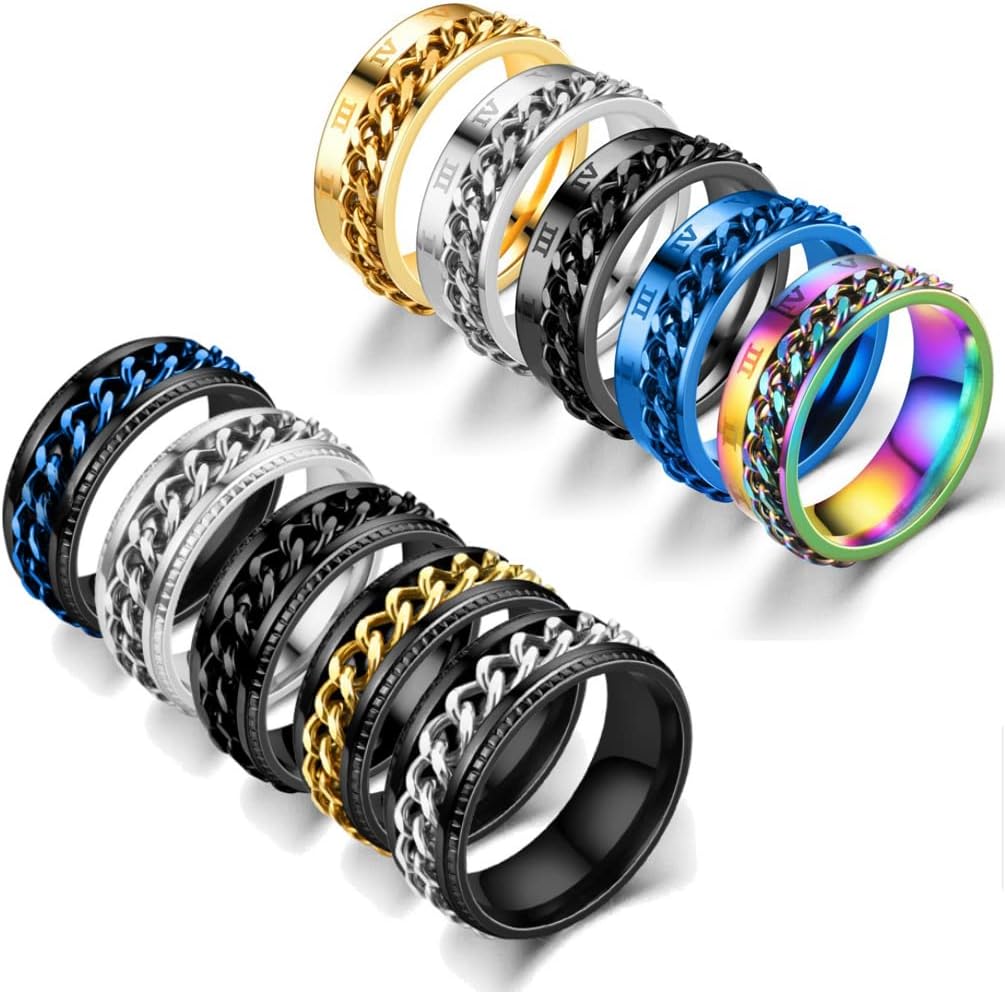 MOZAKA 10 Pcs 8mm Stainless Steel Ring Spinner Fidget Band Chain Rings for Men Women Polished Wedding Cool Ring, Size 7-11