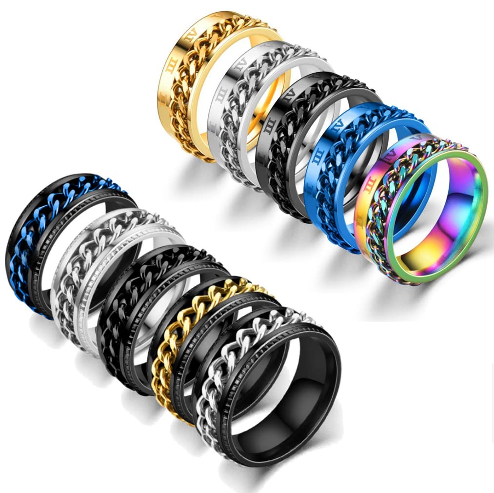 MOZAKA 10 Pcs 8mm Stainless Steel Ring Spinner Fidget Band Chain Rings for Men Women Polished Wedding Cool Ring, Size 7-11