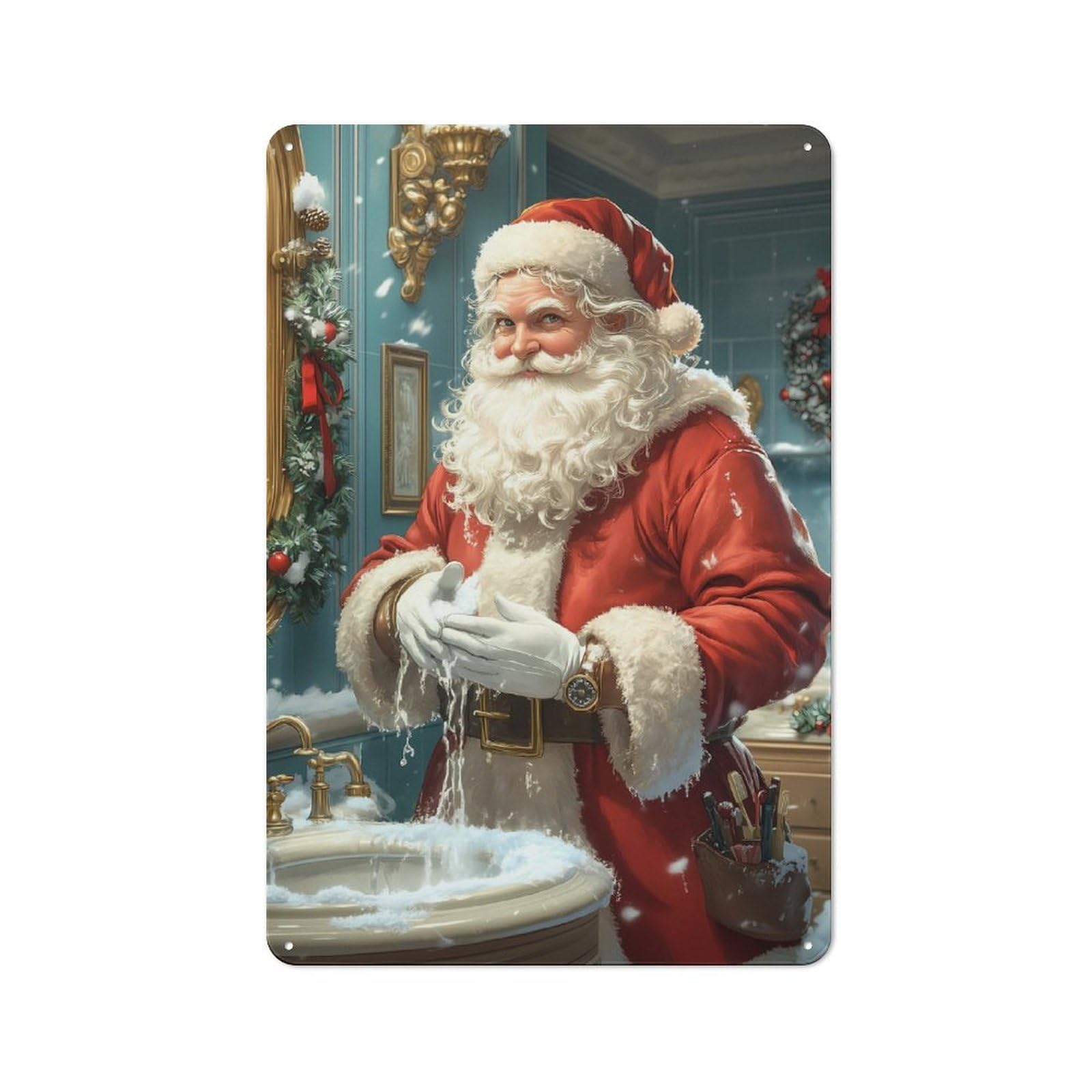 Junmoney Santa Claus Washing Hands Vintage Printed Metal Sign 30X20cm For Bar Or Restaurant, For Restaurant Interior Fans