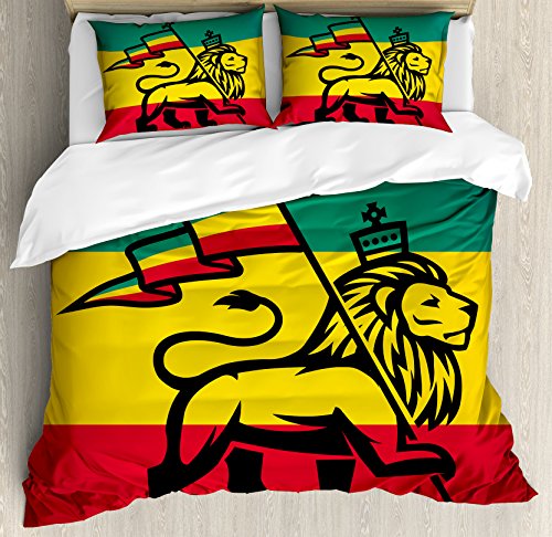 Ambesonne-Rasta-Duvet-Cover-Set-Judah-Lion-with-a-Rastafari-Flag-King-Jungle-Reggae-Theme-Art-Print-Decorative-3-Piece-Bedding-Set-with-2-Pillow-Shams-Queen-Size-Yellow-Red