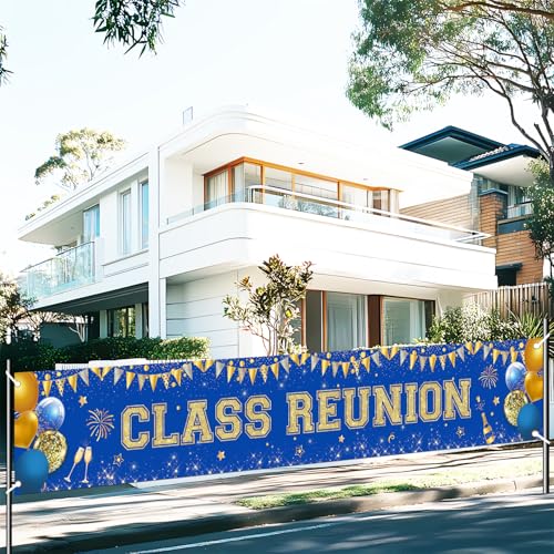 Class Reunion Decorations Blue Yard Banner High School Reunion Party Decorations Class Reunion Welcome Back Banner Balloons Fireworks Yard Sign for 20 30 40 50 Years Class Reunion Party Supplies