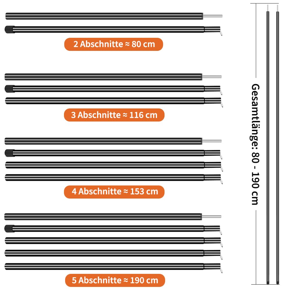 Zeltstange Teleskopstange 2er Set, Aufstellstange für Tarp, Zelt, Sonnensegel Campingplanen Zeltstangen verstellbar von 50cm-200cm, Stange für Sonnensegelbefestigung