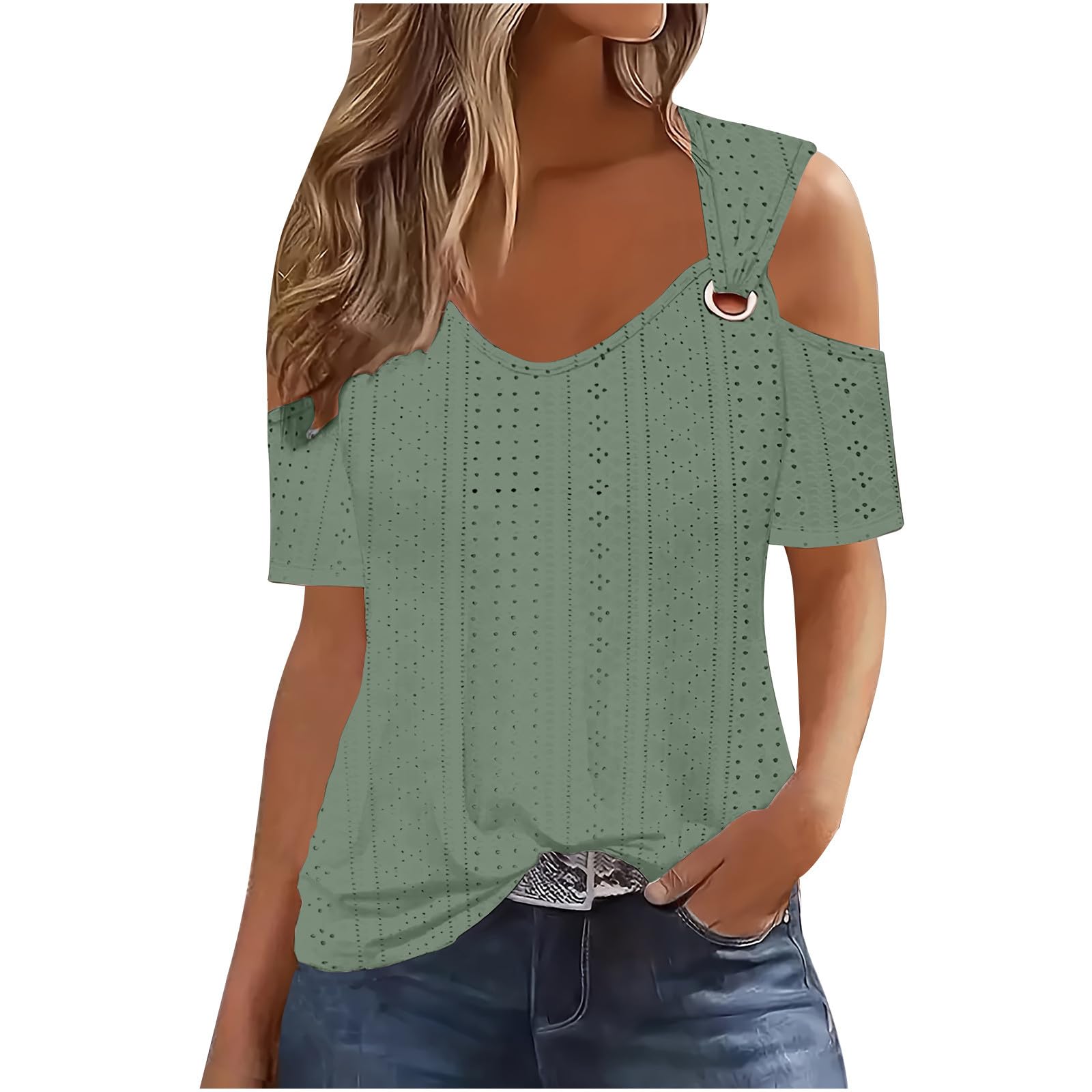 NUSGEAR Camiseta de Manga Corta Mujer 2024 Moda Color sólido Camisa un Hombro Verano Suelto Cuello en V Túnica Tops Sexy Casual Fiesta T-Shirt Blusa Original Basic Transpirable tee Camisetas