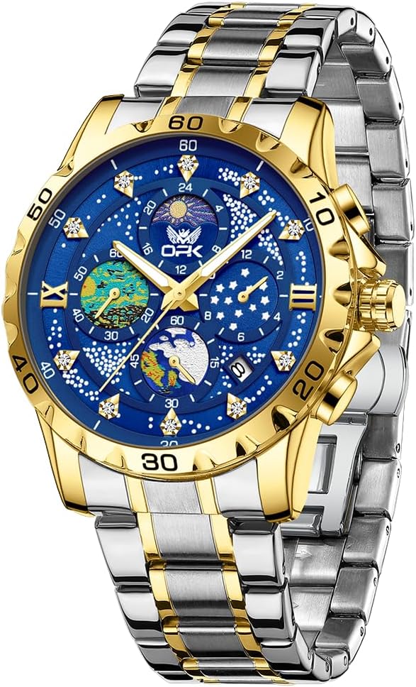 OPK Luxury Watches for Men Business Diamond Stainless Steel Starry Sky Chronograph Function Dial Analog Quartz Watch with Date