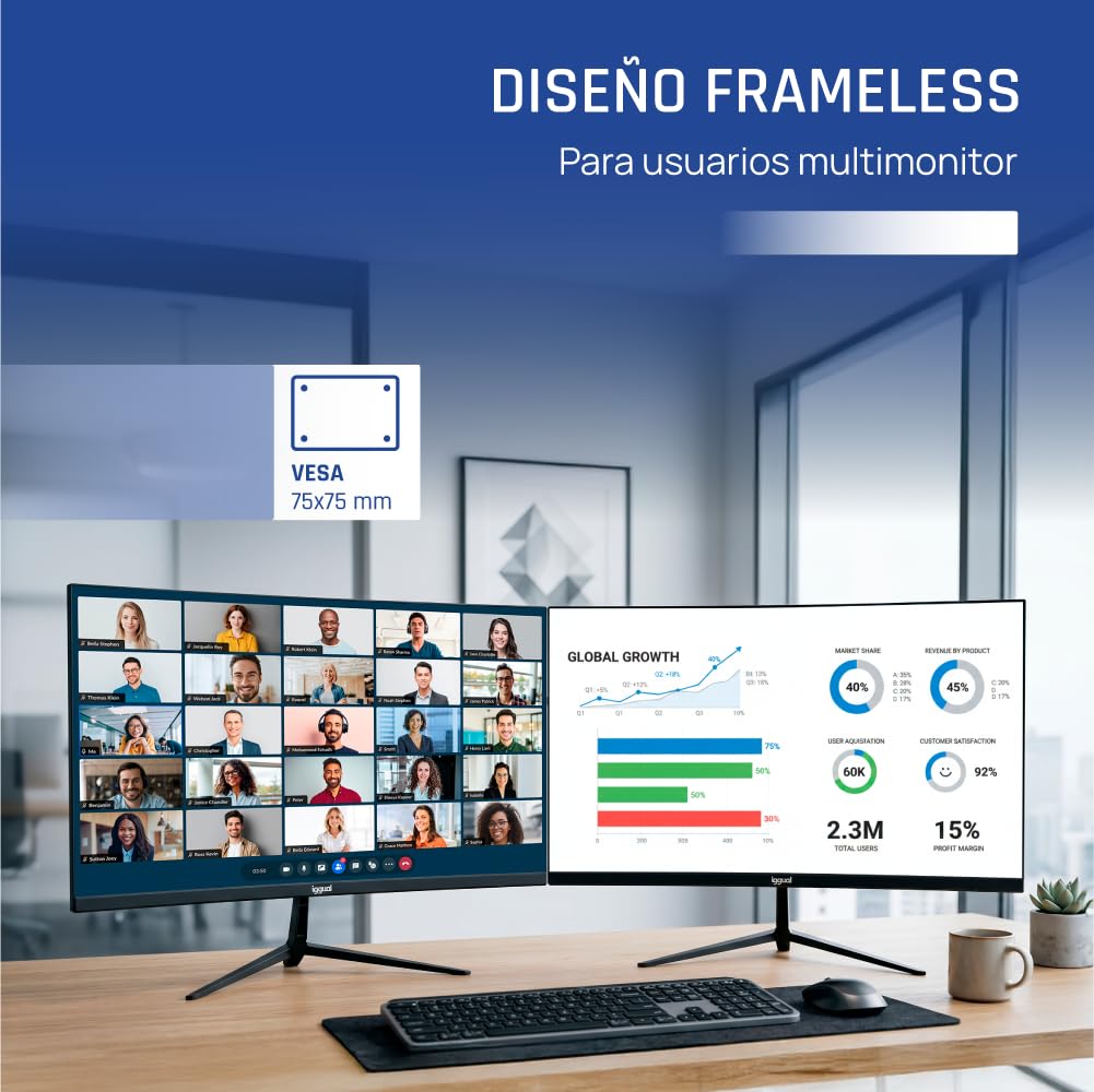 iggual Monitor Profesional 23,8” con Altavoces Integrados- Panel IPS(1920x1080)@120Hz (FHD)-Respuesta 1ms- Pantalla Frameless 99% sRGB-Conexiones: VGA y HDMI-Flicker Free-Compatible VESA -Negro