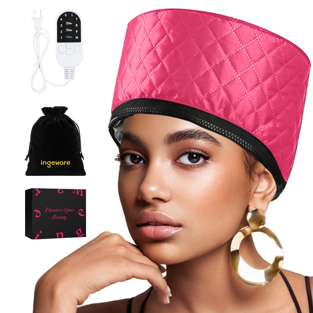 Ingeware - Thermal Cap, Deep Conditioning Thermal Cap for Natural Hair, Portable Electric Heat for Home Use (Rose Red)