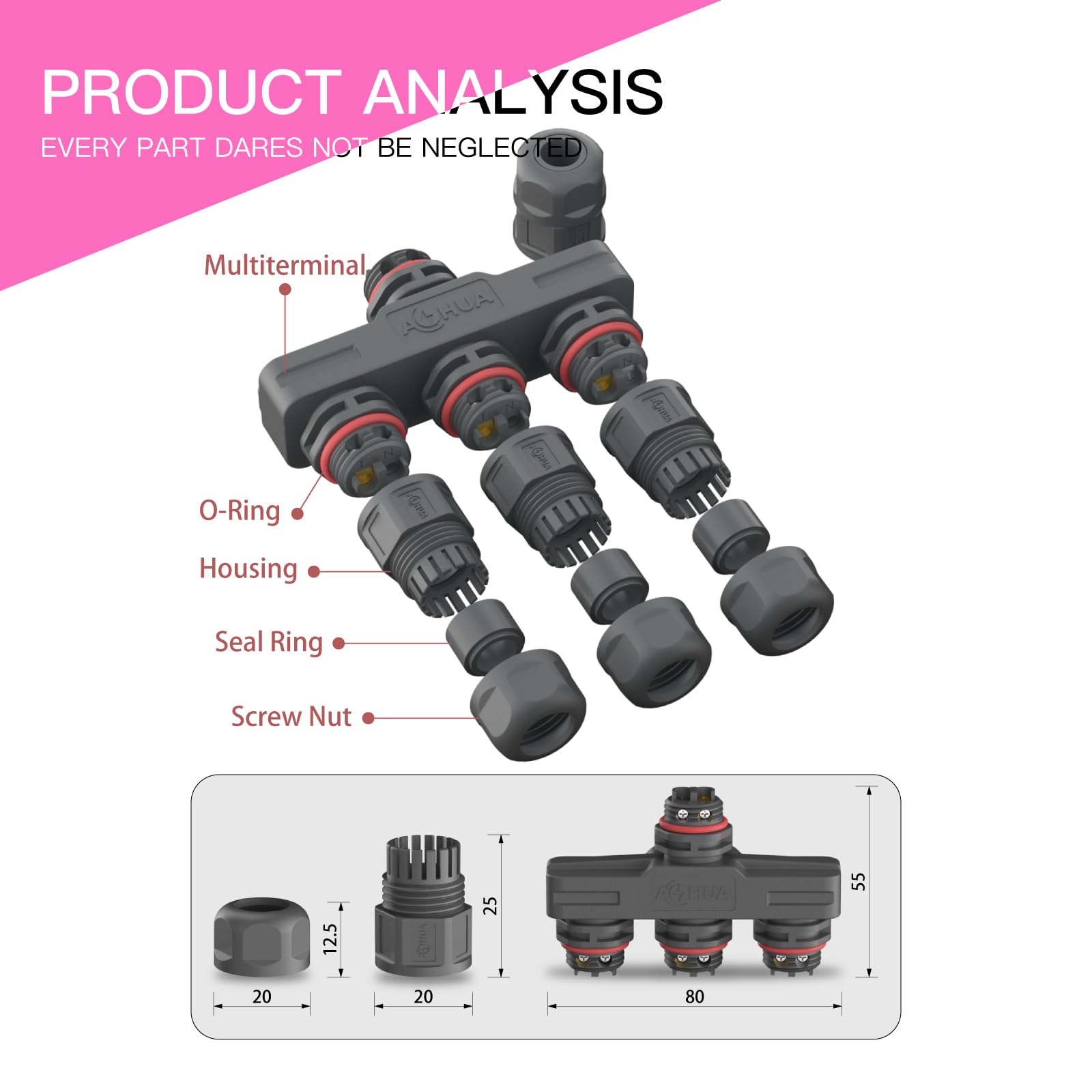 AOHUA M16 Waterproof Connector Outdoor Electrical Splitter Plug for 2pin Cables LED Connector IP68