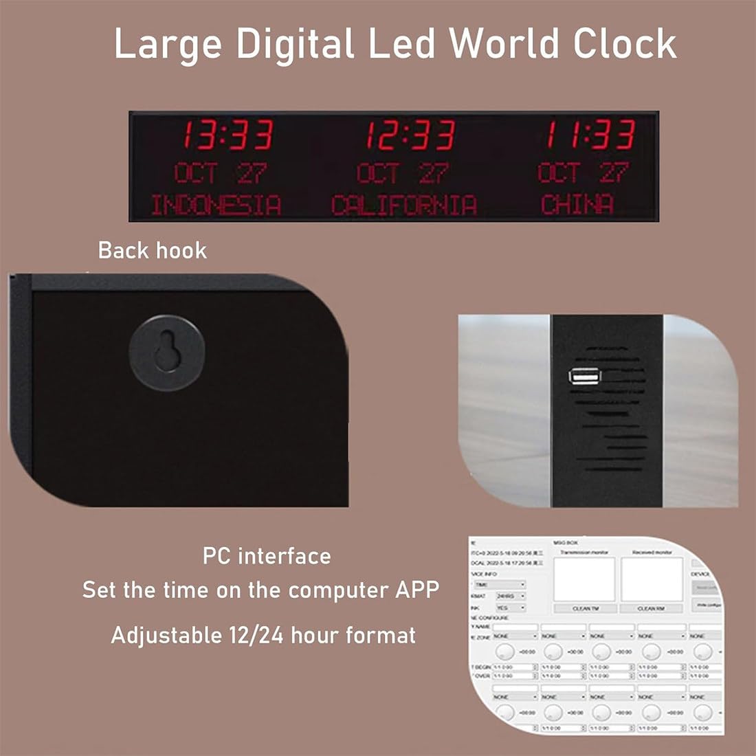 Orologio Mondiale a Fusi Orari, Orologio Digitale a LED Multizona, Orologio da Parete con Orario di 3/4/5 Città, per Hotel, Aziende E Aeroporti 3City-Red