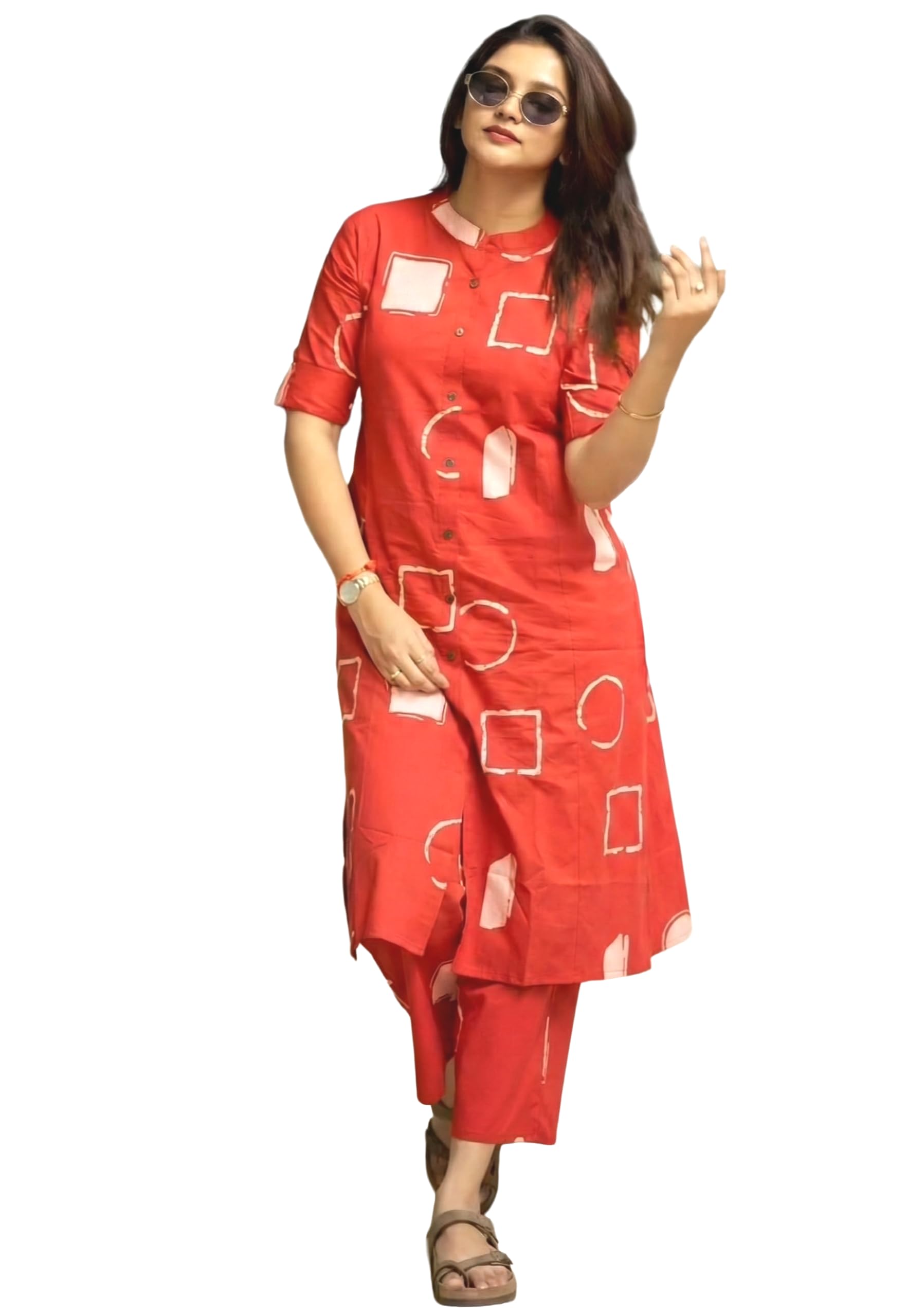 Women's Red Co ord set Geometric Print | Front Button Elbow Sleeves | Anarkali Kurta-Set – Rayon Printed Kurta & Straight Pant | Western Stylish Midi Party Dress Outfits-image-13