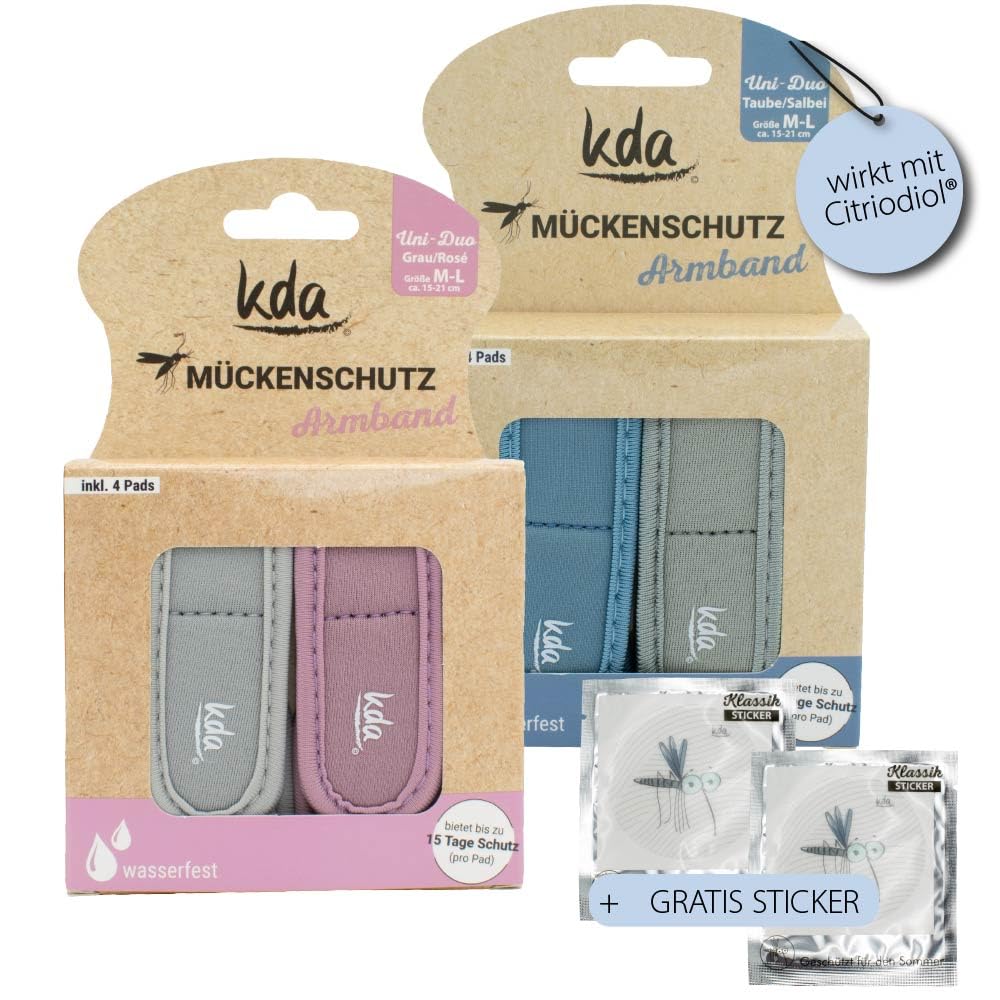 kda Mückenschutzarmband Uni DUO Sparpaket - 2x Uni Duo mit je 2 Armbändern + 4 Nachfüllern + 2x GRATIS MÜCKENSCHUTZSTICKER - Mückenschutz Moskito Insektenschutz Outdoor Wandern Camping Sport Sommer
