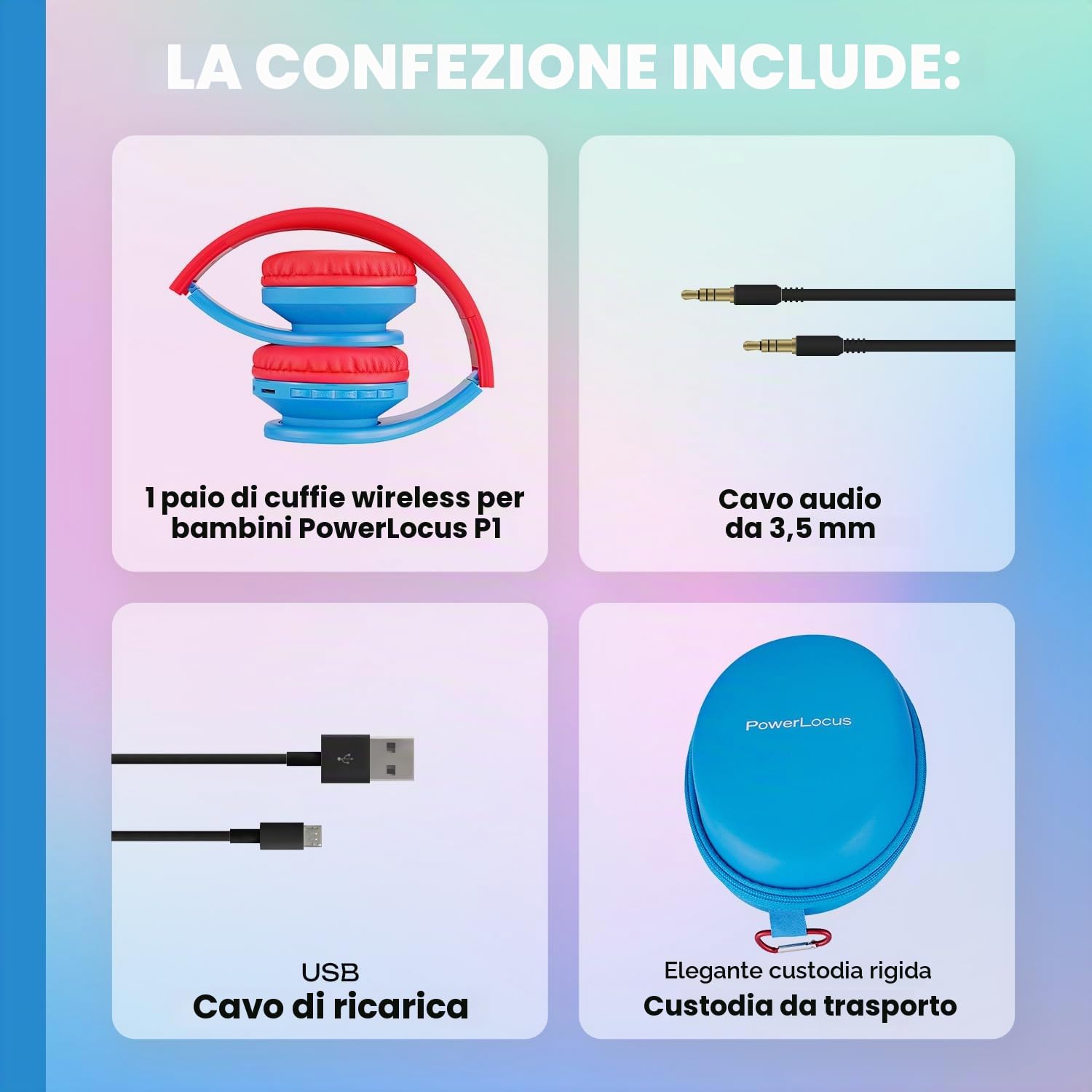 PowerLocus Cuffie Bluetooth per Bambini, Cuffie Senza Fili Over-Ear con Microfono, limitatore di volume a 85 dB, Cuffie Wireless Pieghevoli e Regolabili per Ragazzi e Ragazze per Cellulari/Tablet/PC