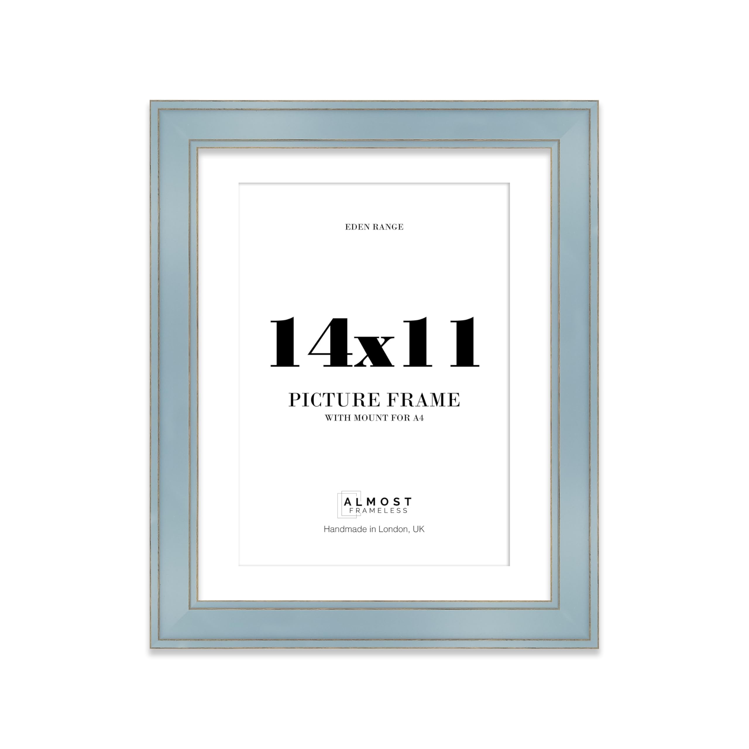 14x11" Cornflower Blue Picture Frame with A4 Mount - Shabby Chic Photo Frame with Distressed Finish, Gold Trim, Wall Hooks and Kickstand, 37mm Edge - 1 Pack