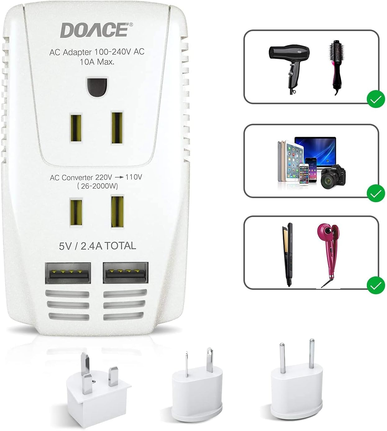 Upgraded DOACE C11 2000W Travel Voltage Converter for Hair Dryer Straightener Curling Iron, Step Down 220V to 110V, 10A Power Adapter with 2 USB and EU/UK/AU/US Plugs for Laptop Camera Cell Phone