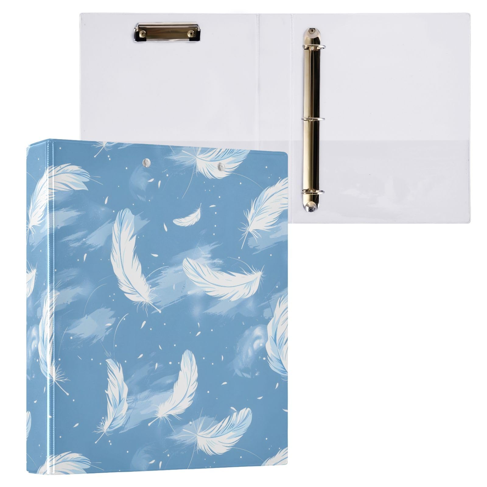 Raccoglitore a 3 anelli con stampa di piume bianche, 3,8 cm, contiene 200 fogli con 3 tasche interne in PVC trasparente, per scuola e ufficio