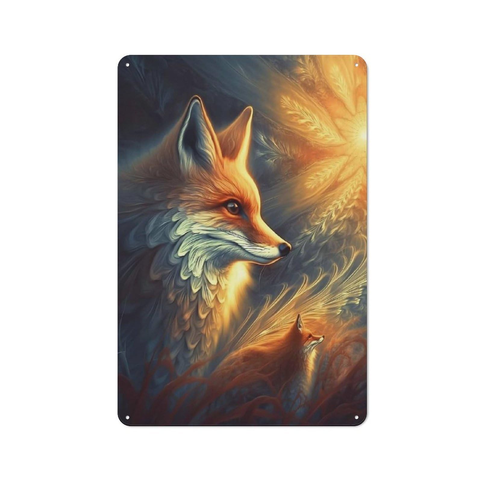 Junmoney Style-21 Metal Sign 30X20cm With Abstract Fox And Cub For Workshop Wall, Vintage Decor, For Vintage Wall Decor Fans, For Metal Sign Collectors