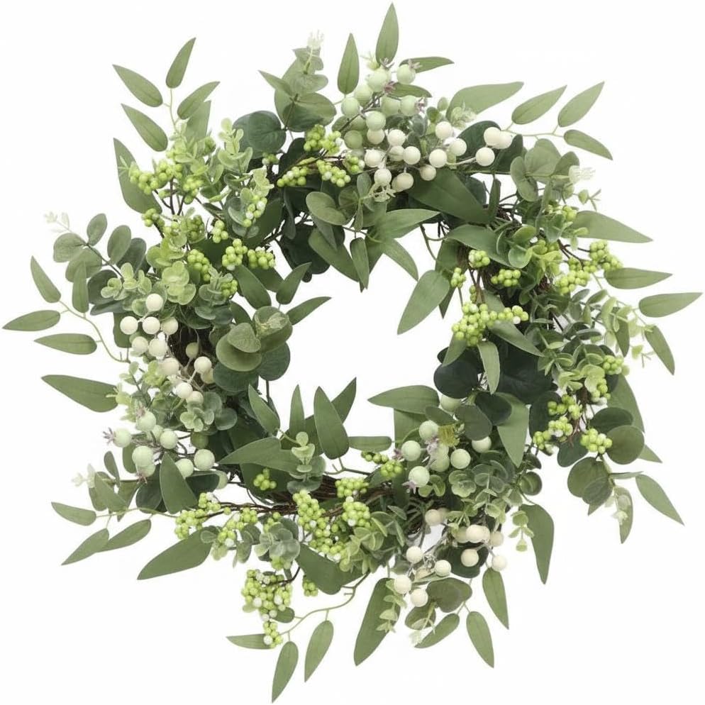 20 Inch Artificial Eucalyptus Berry Wreath – Silk Greenery with White & Green Berries – Farmhouse Front Door Decor for Spring Summer Fall Winter – Indoor Outdoor Use