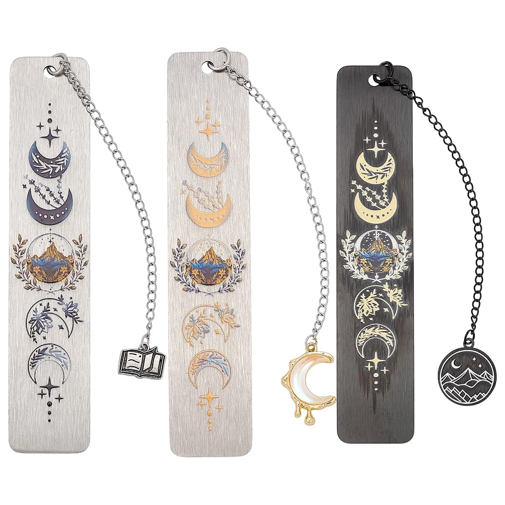 WADORN 3 Colors Metal Bookmarks -Moon and Stars Pattern, Rectangle Moon Phase Fantasy Bookmark with Charms Book Moons Sun for Woman Man Graduation Birthday Book Lovers Gift Reading Decor