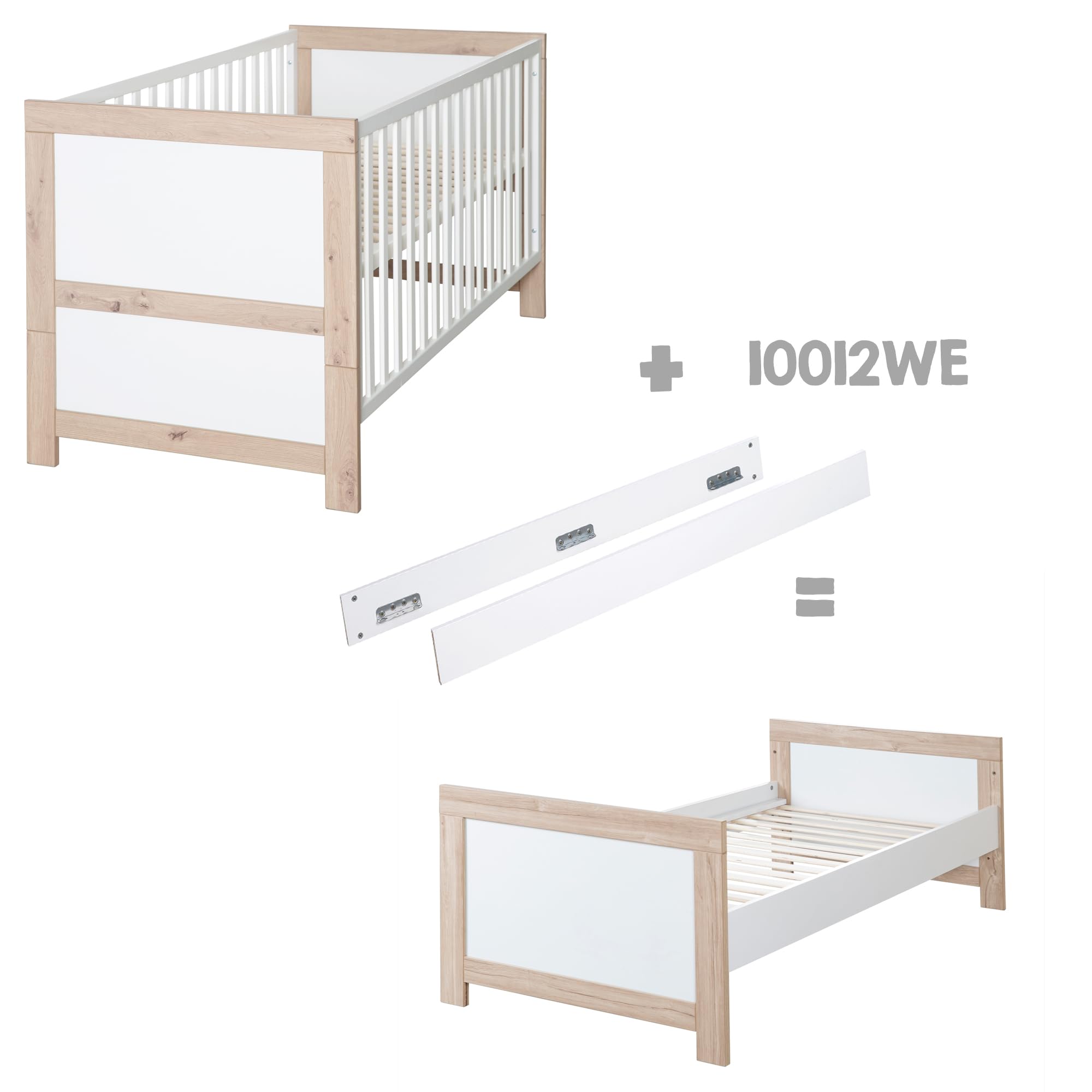 roba Babybett Malo 70 x 140 cm - Mitwachsendes Gitterbett - Höhenverstellbar - Umbaubar zum Juniorbett - Holz weiß lackiert/Dekor Sonoma Eiche