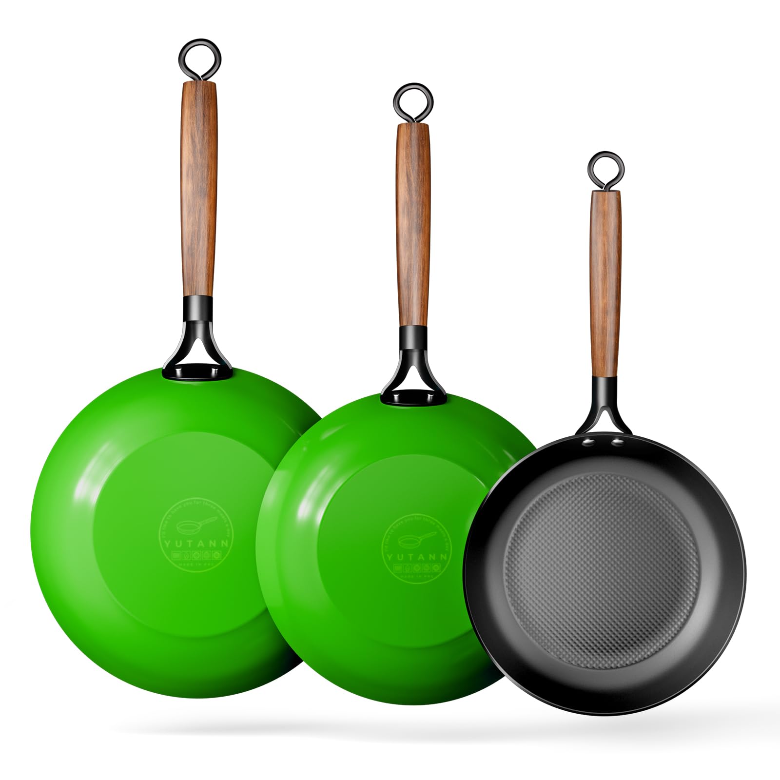 YUTANN Juego de Sartenes de Hierro Fundido Pre-sazonadas, Set de 3 Piezas, Apta para Inducción, Gas y Horno, Antiadherente Natural, Cocina Profesional | Sartenes de 20, 24 y 28 cm de diámetro, distribución uniforme del calor para inducción, gas, eléctrica