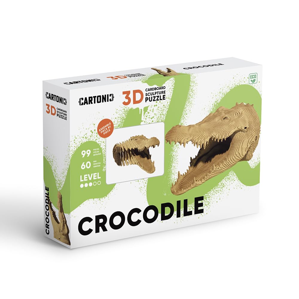 Crocodile Puzzle 3D en Carton – Maquette à Monter | 99 Pièces, 22 × 18 × 14 cm – Kit Sculpture DIY à Peindre, Matériaux Recyclés, Ados & Adultes, Idée Cadeau Déco