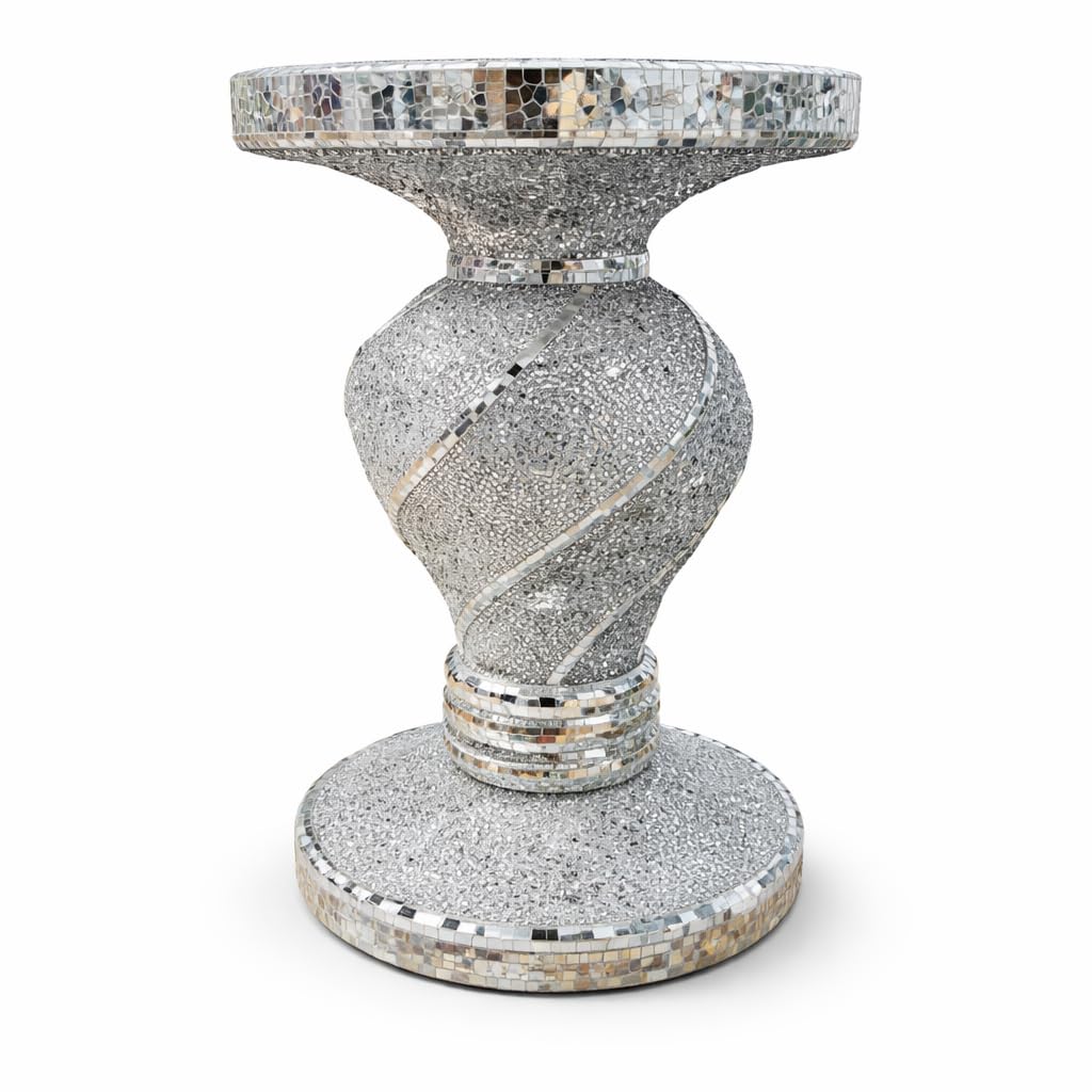 Segoy Silver Luxury Crystal Crush Pedestal Stand – Mirrored Glass Decorative Display Stand With Twisted Diamond Bling Design – Elegant Centerpiece For Wedding, Party & Home Décor - 60Cm
