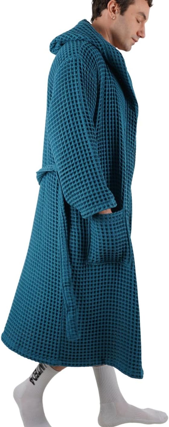 100% Cotton Hooded Waffle Bathrobe for Men (US, Alpha, XX-Large, Petrol Blue)