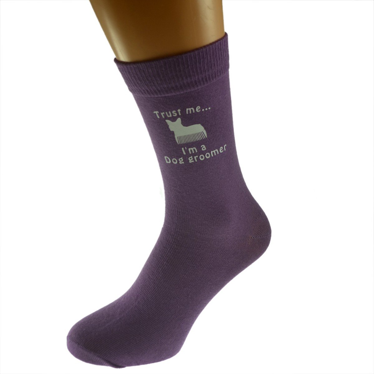 Trust Me I'm A Dog Groomer & Image Printed in White on Ladies Purple Socks Great Mothers Day Present