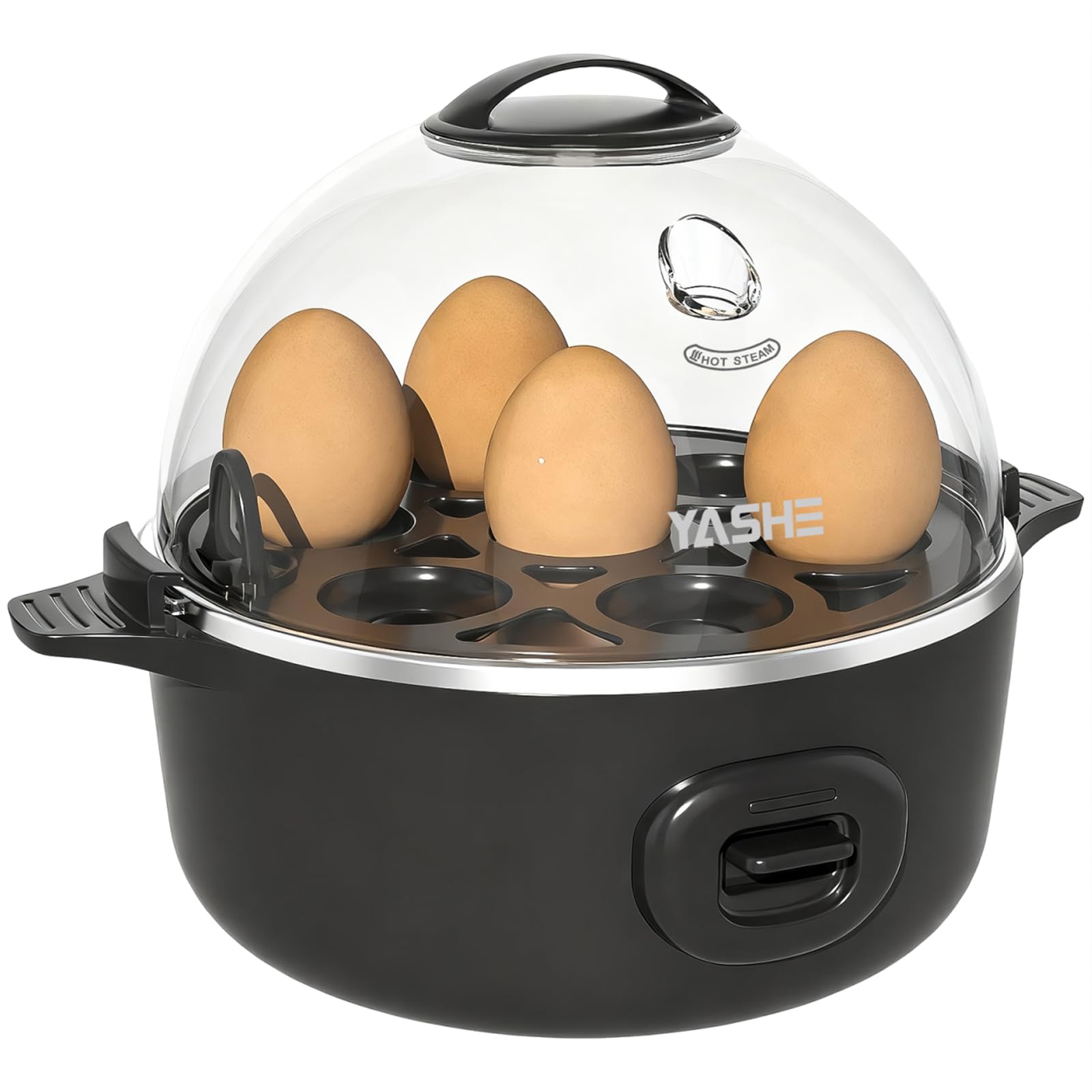 YASHE Rapid Egg Cooker, 7 Egg Capacity Electric Egg Boiler for Hard, Medium, Soft Boiled Eggs, Poacher, Poached Omelet Maker Egg with BPA Free Tray & Egg Bowl, Auto Shut Off, Musical Buzzer, Black
