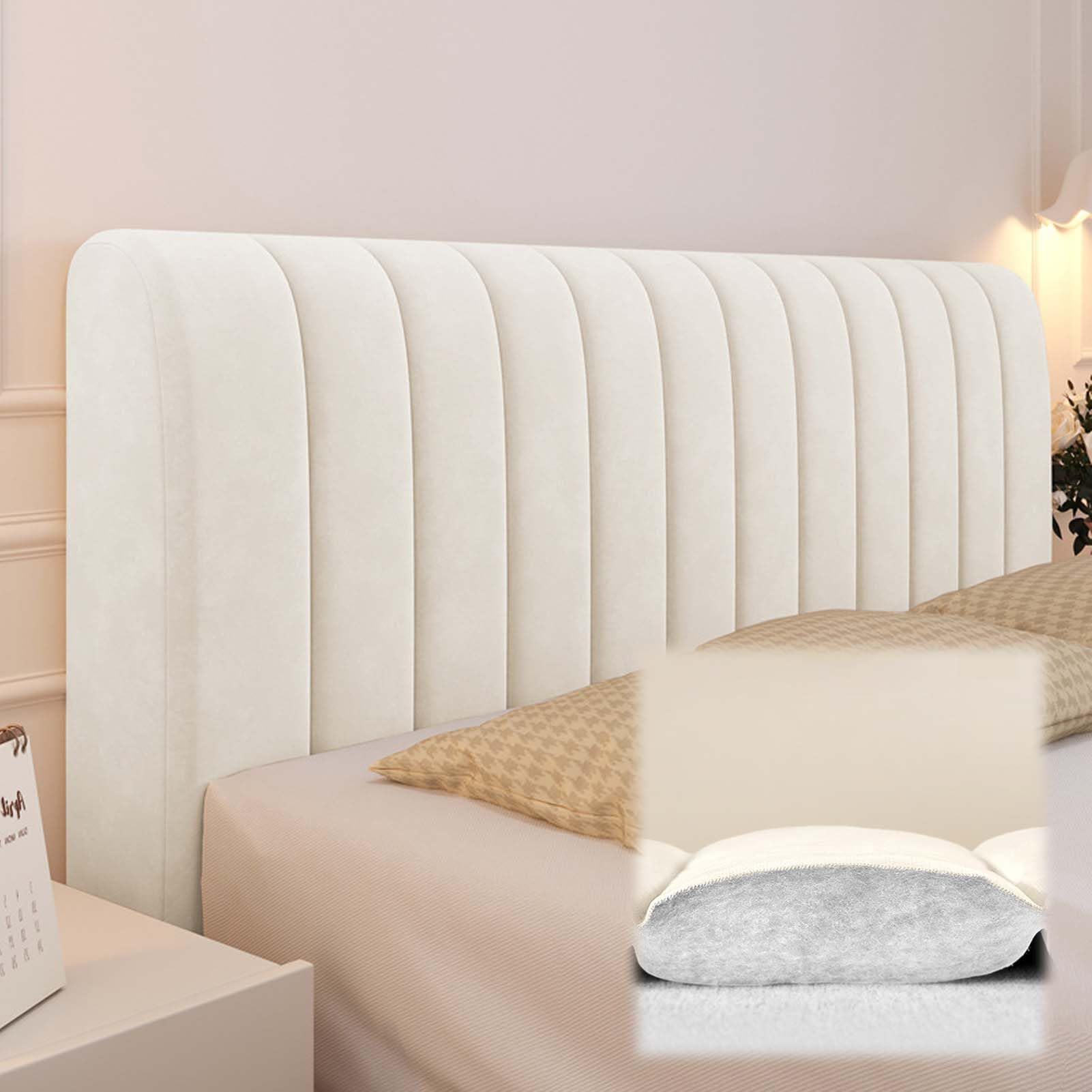 Funda De Cabecera EláStico, Fundas Cabeceros Cama, con Almohadilla de Relleno, Tamaño Queen Funda de Cabecero para Individual Doble (150cm,Beige)
