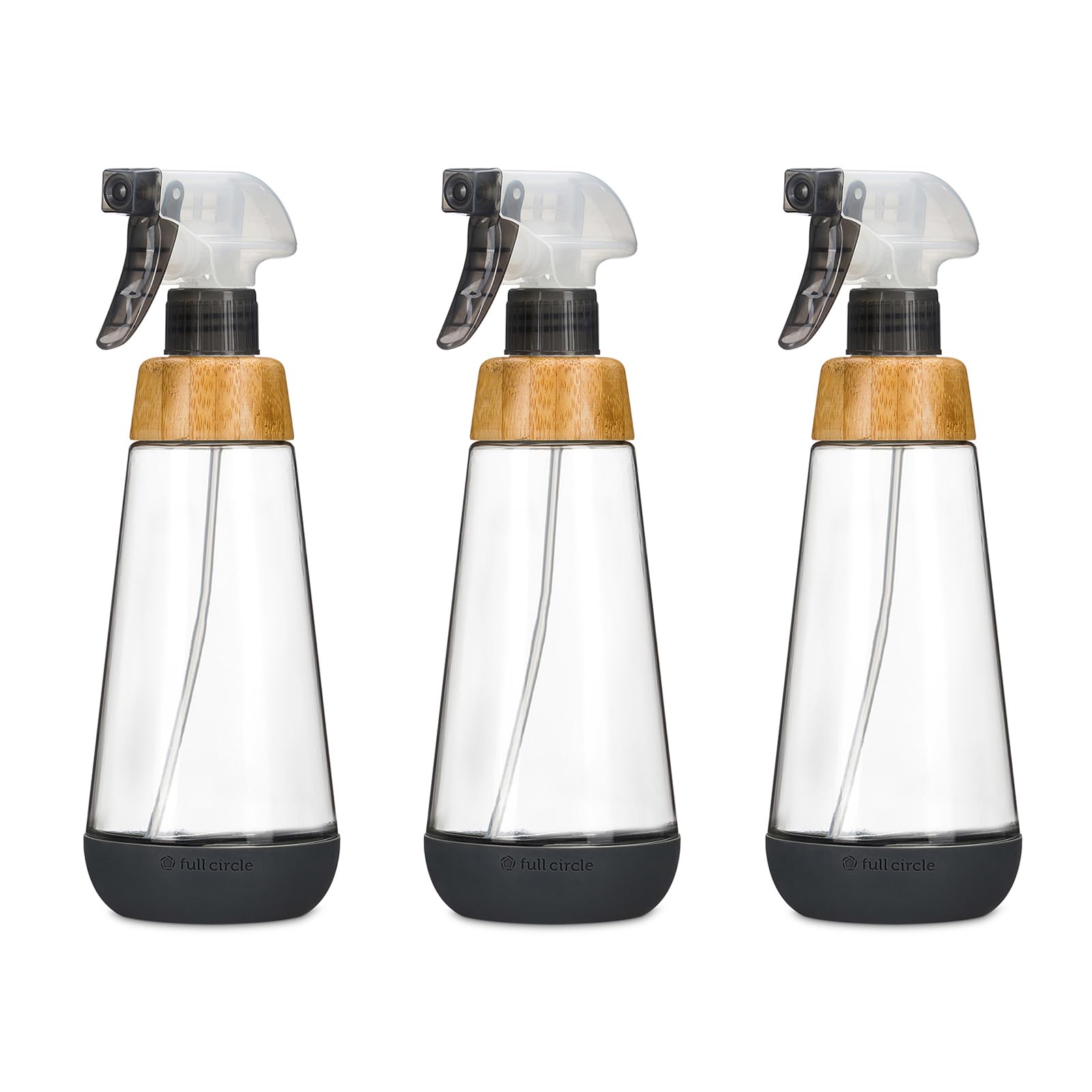 Full Circle Bottle Service – Nachfüllbare Glas-Sprühflasche zur Reinigung, verschiedene Strahl- und Nebeloptionen, Bambus, Silikonstiefel, ideal für ungiftige Lösungen und Pflanzenpflege, Grau, 3