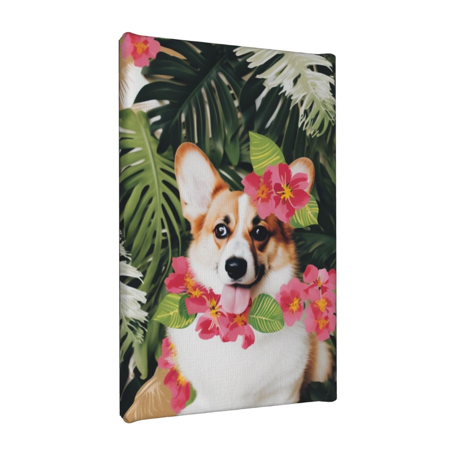 YKLJG tropical flower and corgi 2 Printed Wall Art Canvas Painting 20x30 CM Wooden Framed Picture Painting Artwork Prints for Bedroom Kitchen Home Office Decor