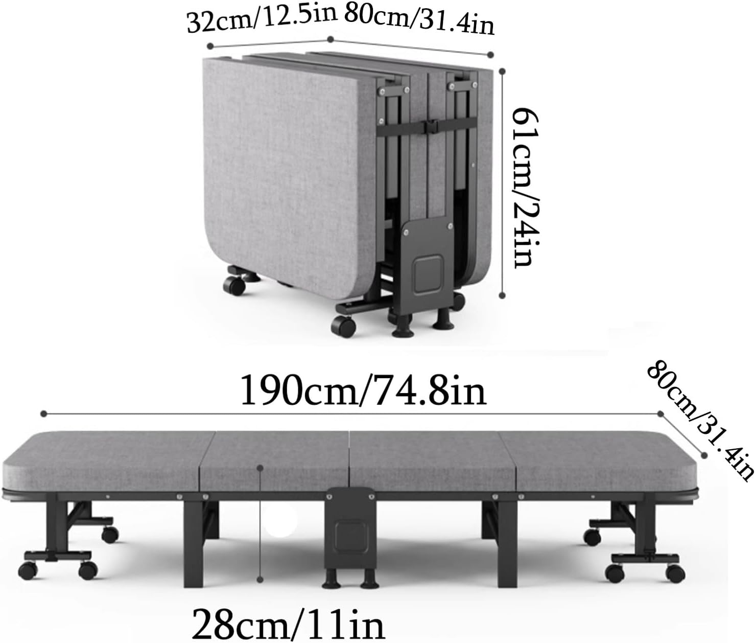 Portable Folding Bed with Latex Mattress, Metal Frame & Wheels - Ideal for Small Apartments, Guest Rooms, Dorms, & Living Rooms - Compact Gray Design (11x74.8x31.4in)