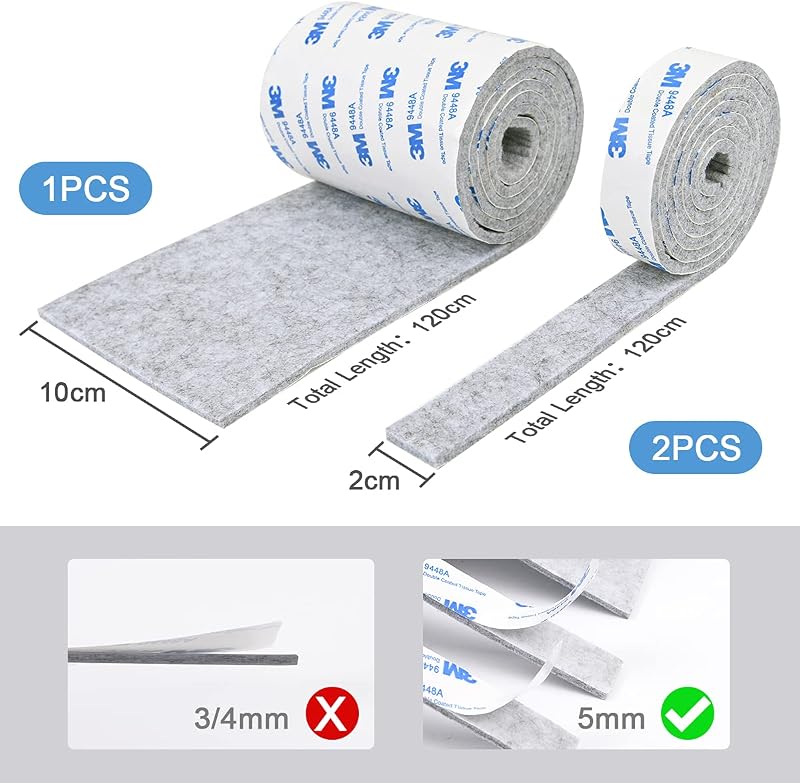 Vicloon Öntapadós Filcpárna Szett - 3 Tekercs Erős Filccsík (1x120x10cm + 2x120x2cm) Bútorlábakhoz - Vágható, Szürke Padlóvédő Csúszásgátló