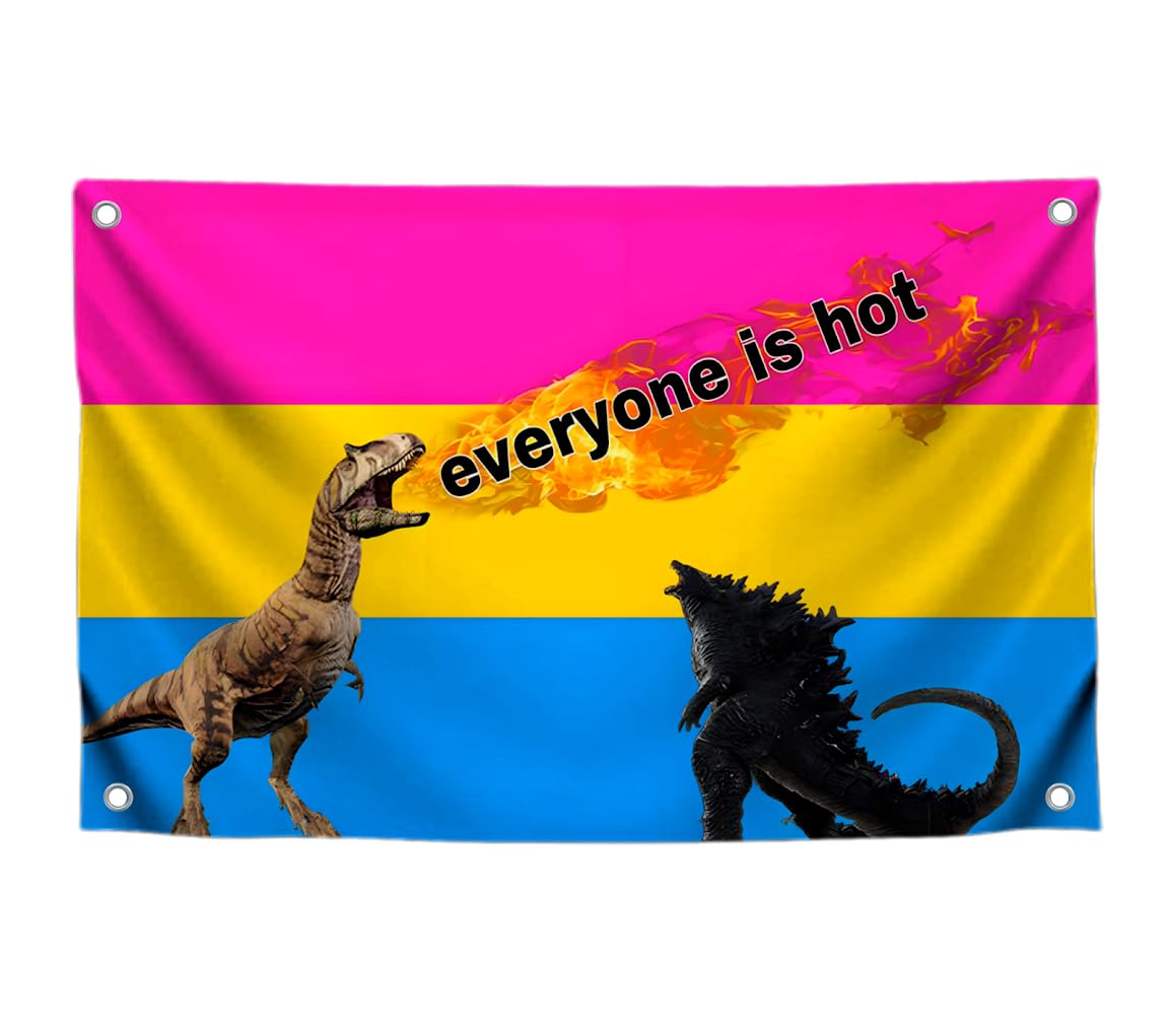 3x5 Feet Tapestry Flag Everyone Is Hot with Four Brass Grommets - Fire Flag with Dinosaurs and Godzilla - Polyester LGBT Banner for Decor Student