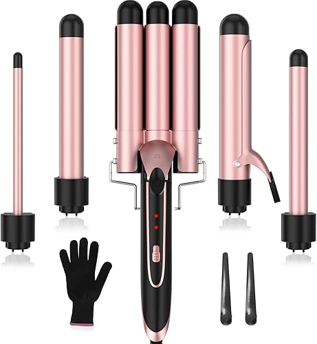 Rizador 5 en 1, juego de rizador con herramienta de 3 barriles y 4 varitas de cerámica intercambiables (0.35 a 1.25 pulgadas), 2 temperaturas,