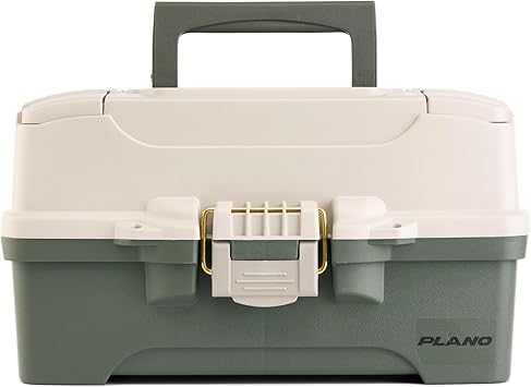 Plano Two-Tray Tackle Box, Green/Tan, Rust-Proof Brass Latch, Top-Access Tray with Deep Storage, Made in the USA, Portable Fishing Gear Storage Organizer