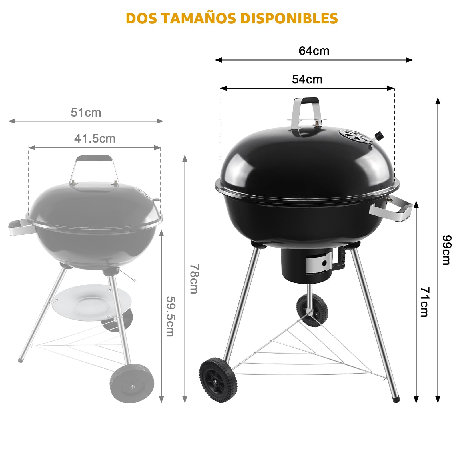 Barbacoa de carbón vegetal con tapa y ruedas, 54 cm de diámetro, compacta y fácil de transportar, perfecta para camping y eventos al aire libre, 64 x 64 x 99 cm | Parrilla de 54 cm de diámetro, carro de carbón vegetal con ruedas, adecuado para camping