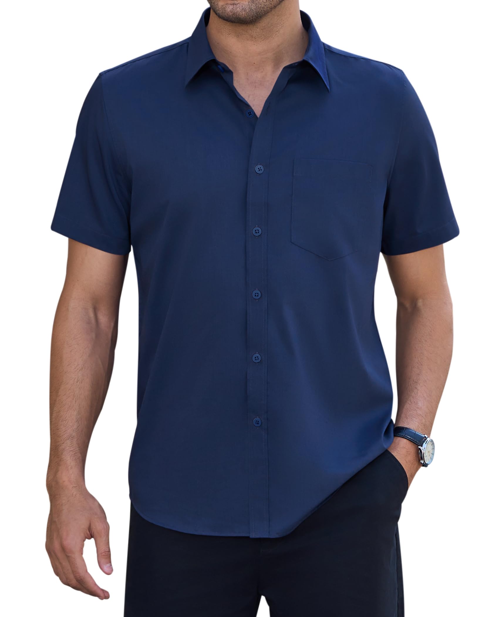 siliteelon Kurzarm Hemd für Männer Regular Fit Stretch Knitterfrei Anzughemd Alltägliche Arbeit Büro Konzert Marineblau 3XL
